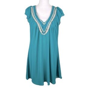 Ark & Co. Turquoise & Tan V-Neck Short Sleeve Midi Dress Size Small